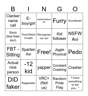Vrchat Bingo Card