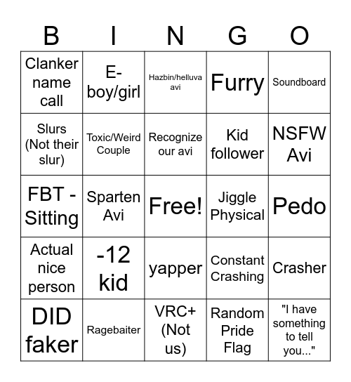 Vrchat Bingo Card