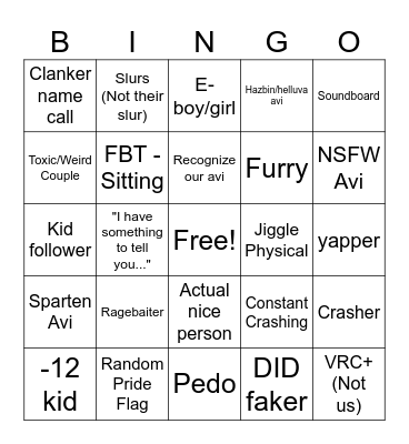 Vrchat Bingo Card