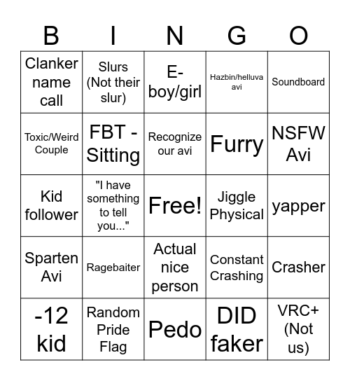 Vrchat Bingo Card