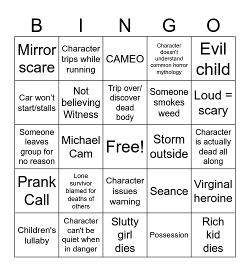 Horror Movie Bingo Card