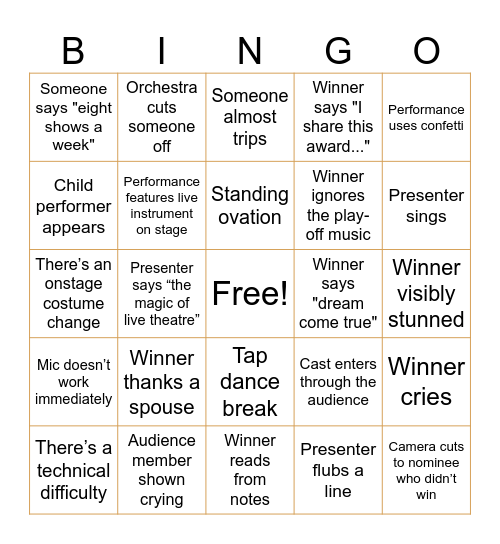 79th Tony Awards Bingo Card