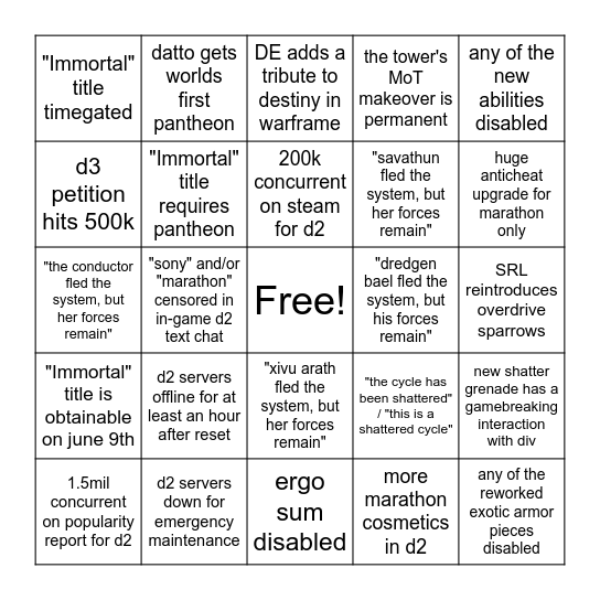 bungie JUNE 2026 only Bingo Card