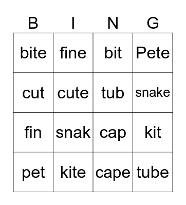 Magic Ee Bingo Card