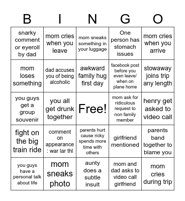 Family Trip Bingo Card