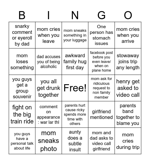 Family Trip Bingo Card