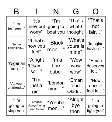 What will she say next? Bingo Card