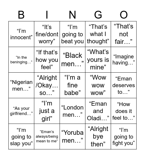 What will she say next? Bingo Card