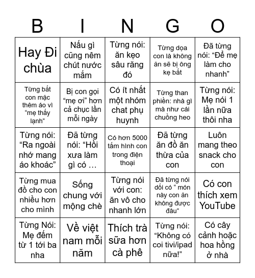 Super Moms Bingo Card