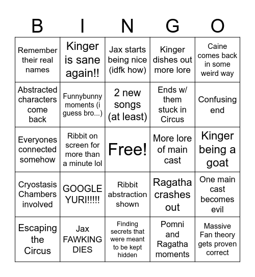 TADC LAST EP PREDICTIONS Bingo Card