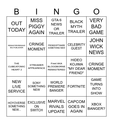 SUMMER GAME FEST Bingo Card