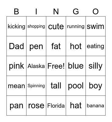 Noun Verb Adjectives Bingo Card
