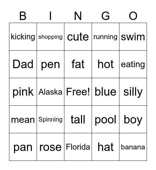 Noun Verb Adjectives Bingo Card
