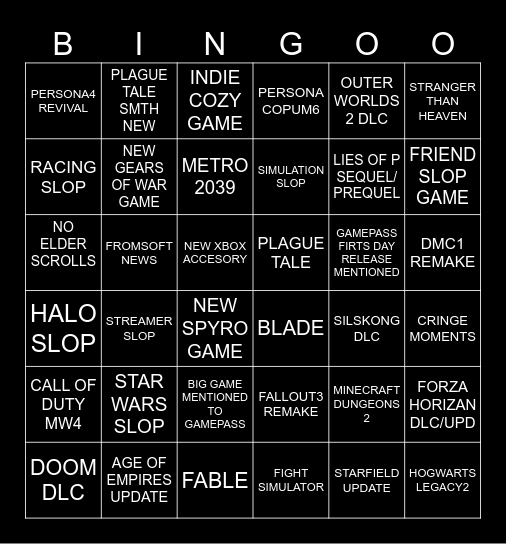 XBOX SHOWCASE SLOP BINGO Card