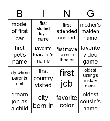 Security Questions Bingo Card