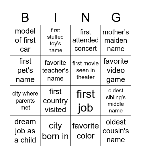 Security Questions Bingo Card