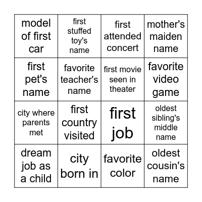 Security Questions Bingo Card