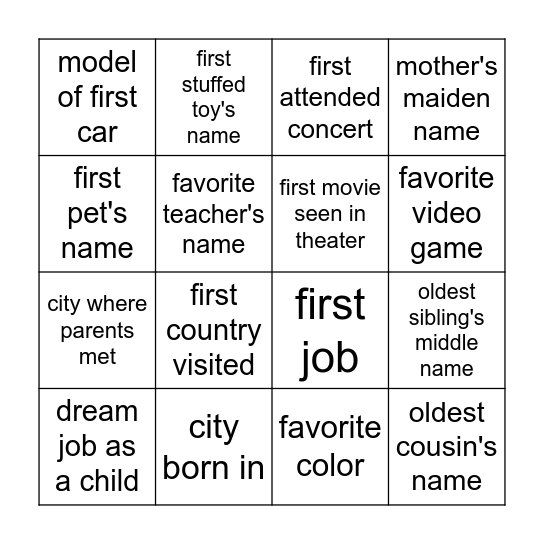 Security Questions Bingo Card