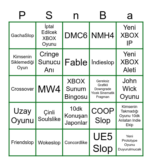 XBOX Sunum Bingosu Bingo Card