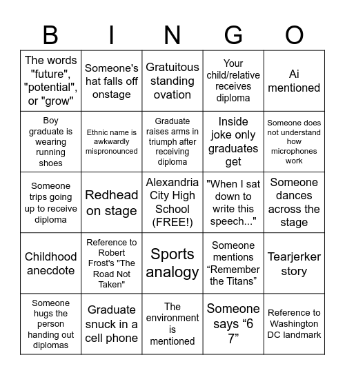 ACHS Graduation Ceremony Bingo Card