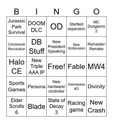 Xbox Showcase Bingo Card