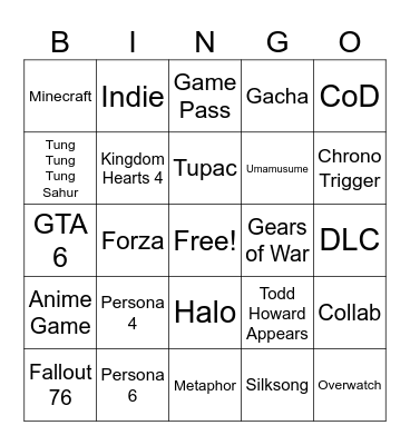 Xbox Games Showcase Bingo Card