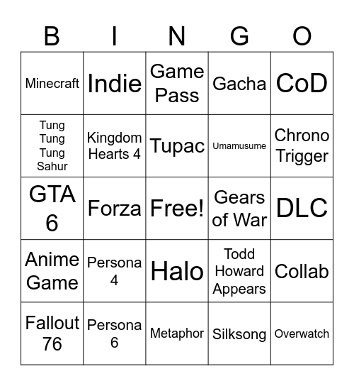 Xbox Games Showcase Bingo Card