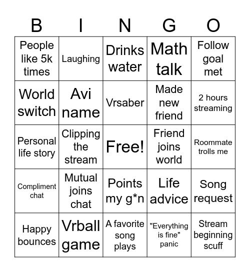 Vrchat Stream Bingo Card