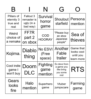 Xbox Showcase 2026 Bingo Card