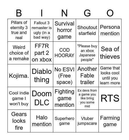 Xbox Showcase 2026 Bingo Card