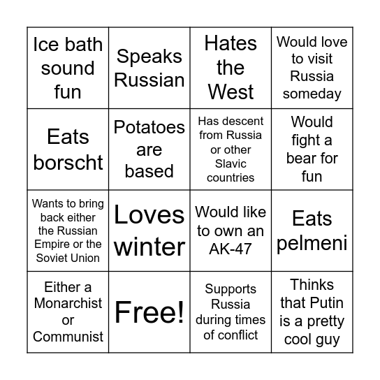 Russian Bingo Card