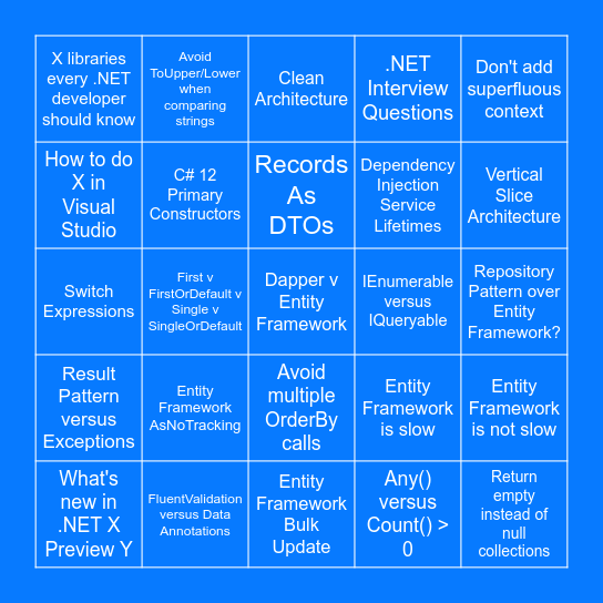 LinkedIn .NET Post Bingo Card
