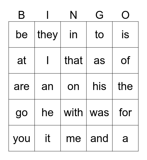 Sight Words Bingo Card