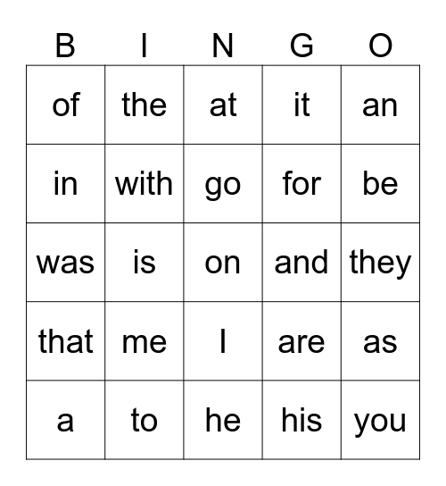 Sight Word Bingo Card