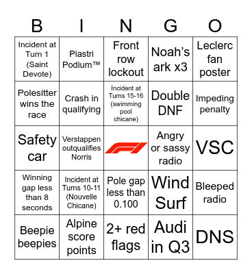 F1 Bingo - Monaco 2026 Bingo Card