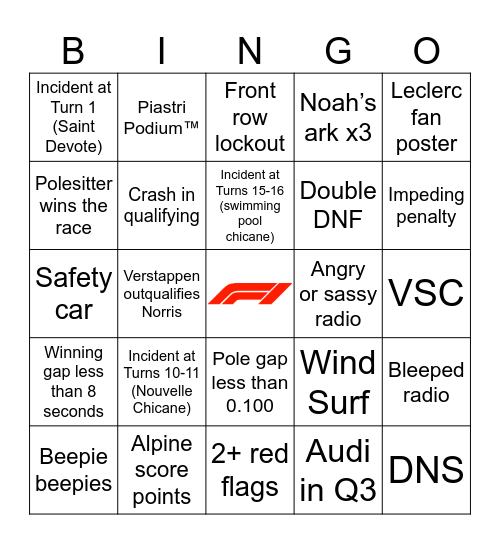F1 Bingo - Monaco 2026 Bingo Card