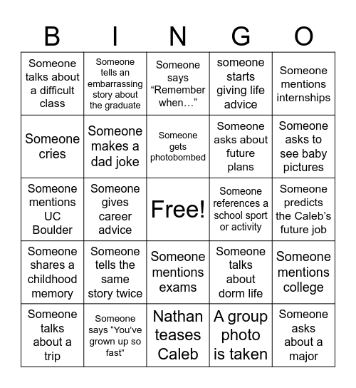 Caleb is graduating! Bingo Card