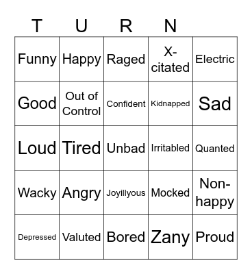 Feelings and Emotions from A to Z Bingo Card