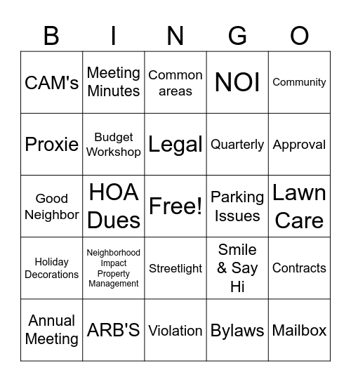 Homeowners Association Bingo Card