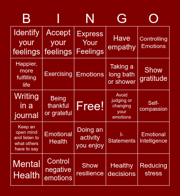 Mental and Emotional Health- 6th Grade Bingo Card