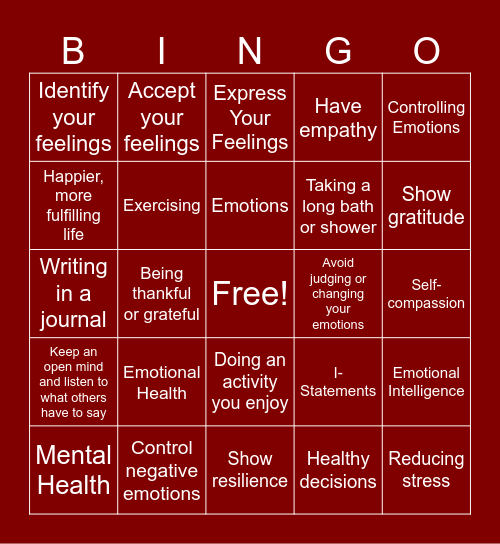 Mental and Emotional Health- 6th Grade Bingo Card