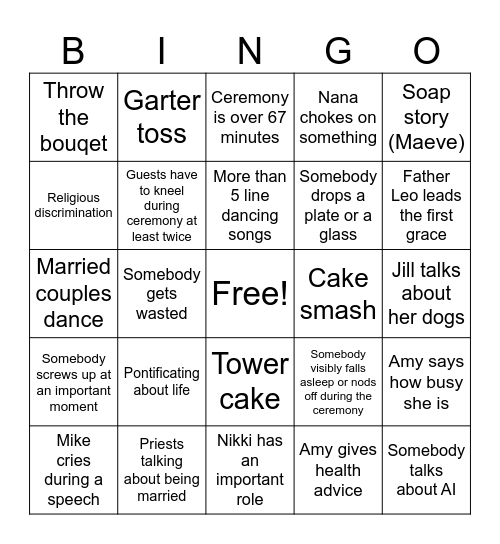 Nat's Wedding Bingo Card