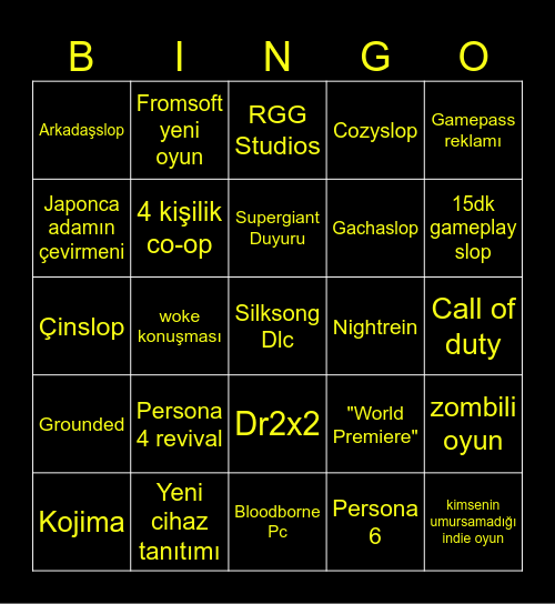 XBOX Showcase Bingo Card