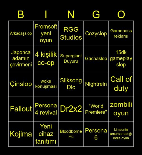 XBOX Showcase Bingo Card