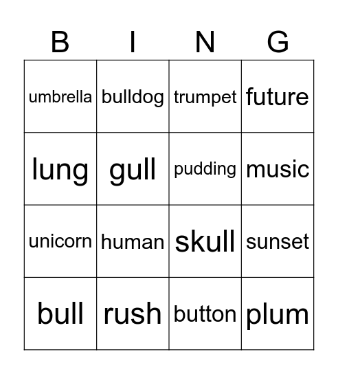 U sounds Bingo Card