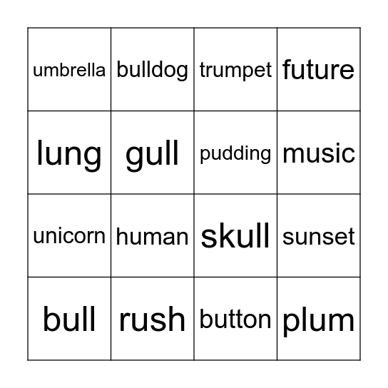 U sounds Bingo Card