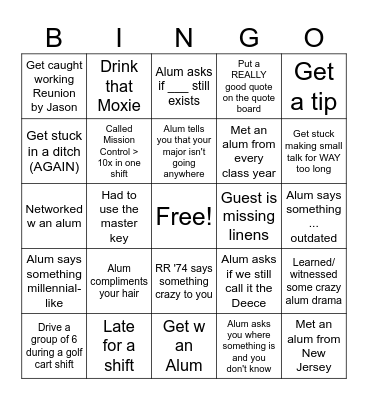 Reunion Bingo Card