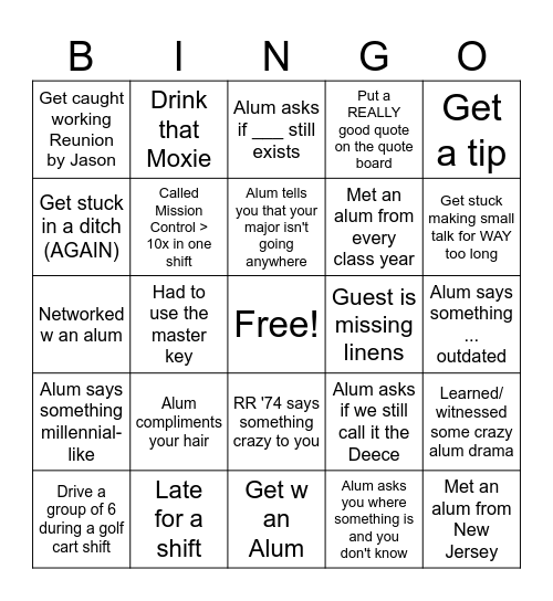 Reunion Bingo Card