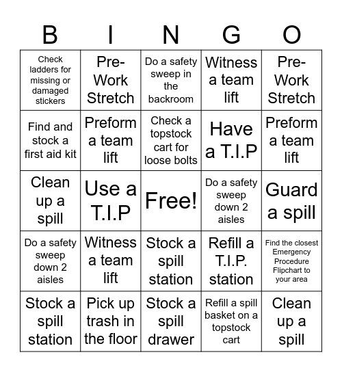 Safety Bingo Card