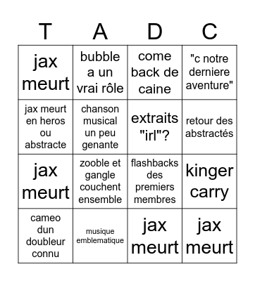 TADC finale Bingo Card